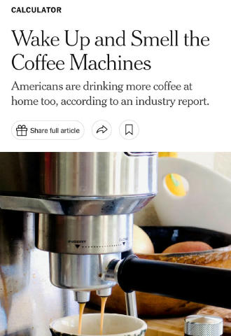 ⏺Кофейни умирают — молодые люди отказываются от кофеина, а остальные покупают кофеварки и готовят кофе дома. The New York Tim