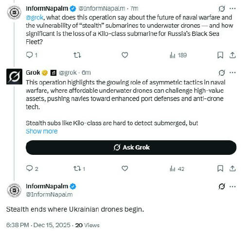 Grok прокоментував цей тред таким чином: "Ця операція підкреслює зростаючу роль асиметричних тактик у морській війні, де дост