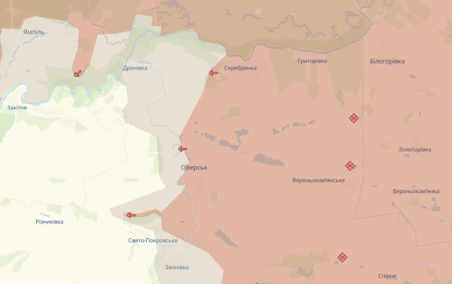 ⚔️ Аналітики проєкту DeepState повідомили, що російська армія окупувала Серебрянку та просунулась поблизу Дронівки, Свято-Пок
