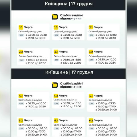‼️Київщина: графіки відключень на 17 грудня