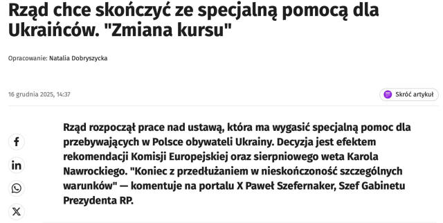 ⚡️Лишить украинских беженцев особого статуса и приравнять их к другим иностранцам предлагают в Польше, — глава кабинета прези