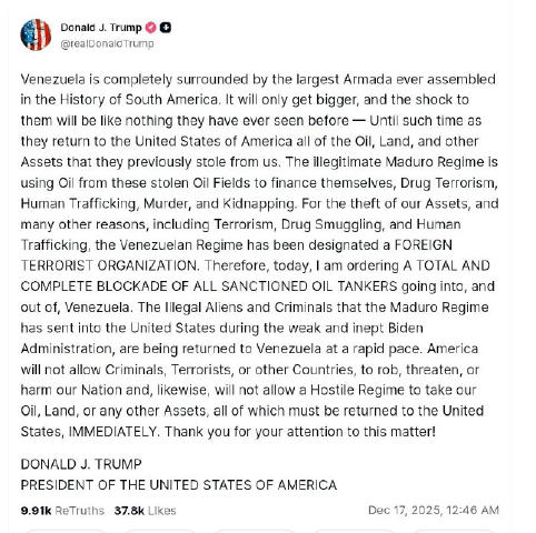 🦅Трамп распорядился начать полную блокаду санкционных морских танкеров, которые следуют в Венесуэлу и из нее 🔍🔸Подписаться