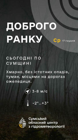 ☁️Доброго ранку Сумщино Вдень 17 грудня хмарно, без істотних опадів, туман, місцями на дорогах ожеледиця. Вітер південно-захі