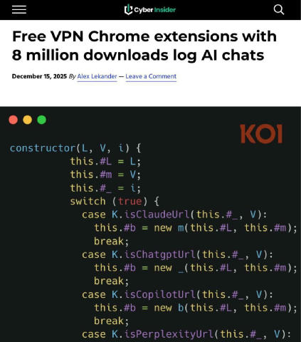VPN-розширення, які позиціонували себе як інструменти захисту приватності, таємно збирали переписки користувачів із ChatGPT,