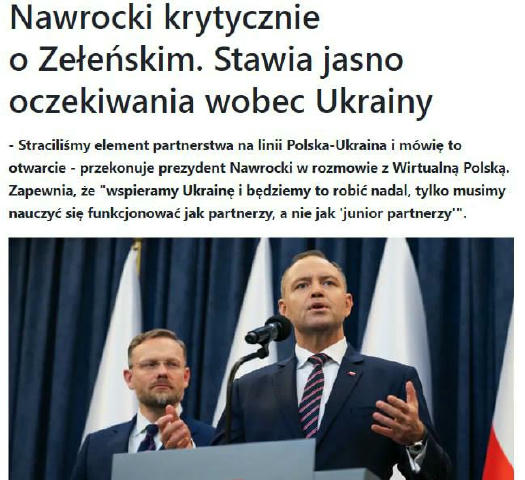 ❗️Зеленський не сприймає Польщу як рівноцінного партнера Президент Польщі Навроцький заявив, що Володимир Зеленський за остан