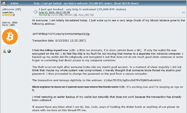 Одна из самых загадочных краж в истории раннего Биткоина — как пользователь Bitcointalk под ником Allinvain потерял 25 000 BT