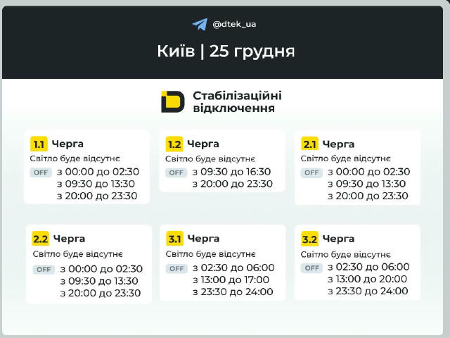 ‼️Київ: графіки відключень на 25 грудня ▪️В разі змін, будемо оперативно вас інформувати у нашому телеграм-каналі. Підписуйте