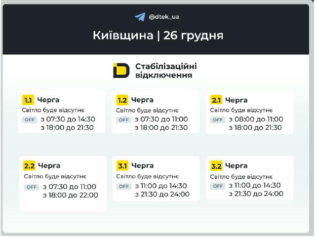 ‼️Київщина: оновлені графіки відключень на 26 грудня ▪️В разі змін, будемо оперативно вас інформувати у нашому телеграм-канал