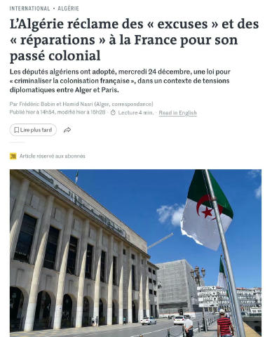 ⚡️Парламент Алжиру ухвалив закон, який визнає французький колоніалізм злочином, — Le Monde. Депутати алжирських Національних