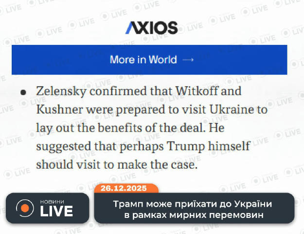 Трамп може приїхати до України для підтримки мирної угоди, — Зеленський. Спецпосланець Білого дому Віткофф і зять Трампа Кушн