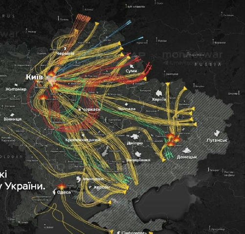 Карта совершенных ударов по Украине прошлой ночью. Главная цель атаки - столица.