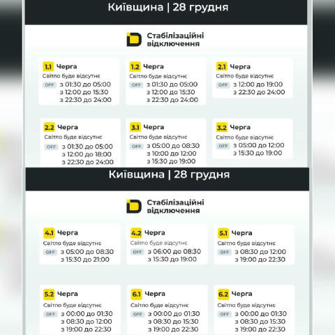 ‼️Київщина: графіки відключень на 28 грудня