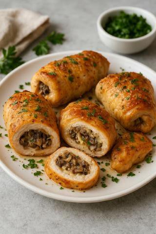 Святкові курячі рулети з грибами та сиром 🎉 Інгредієнти: 4 курячих філе 200 г шампіньйонів 1 цибулина 150 г сиру 2 зубчики ч