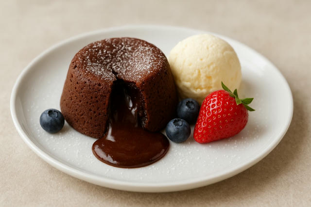 Шоколадний фондан Інгредієнти: • 100 г темного шоколаду (70% какао) • 100 г вершкового масла • 2 яйця • 50 г цукру • 20 г бор