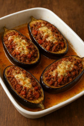 «Сонячні човники» — фаршировані баклажани Інгредієнти: • 2 баклажани • 300 г фаршу • 1 цибулина • 2 зубчики часнику • 1 помід