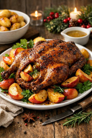 Запечена качка з яблуками та медово-гірчичною глазур’ю Інгредієнти: • Качка 1,5–2 кг • Яблука 3–4 шт. • Мед 3 ст. л. • Гірчиц