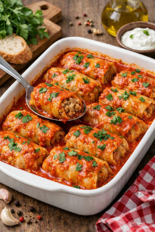 Голубці з м’ясом і рисом у томатному соусі Інгредієнти: • Листя капусти — 12–15 шт. • Фарш м’ясний (свинина + яловичина) — 50