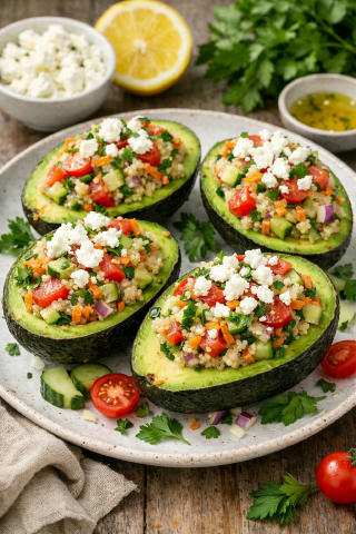 Фаршировані авокадо з кіноа та овочами 🥒 Інгредієнти: • 2 стиглі авокадо • 1 чашка вареної кіноа • 1 маленький помідор • 1/2