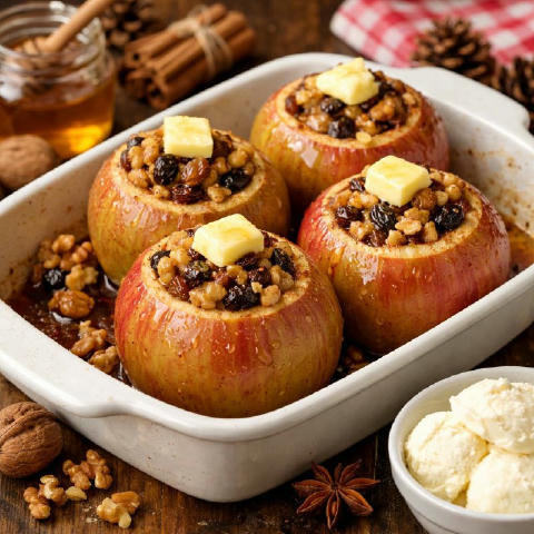 Запечені яблука з корицею і горіхами Інгредієнти: • 4 великі яблука • 4 ст. л. меду або кленового сиропу • 1 ч. л. кориці • 5